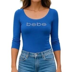 BEBE Y2K Bling logo blue v-neck long sleeve ribbed top